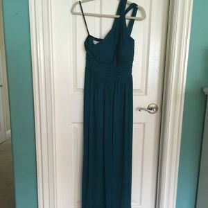 Dark teal gown, half shoulder